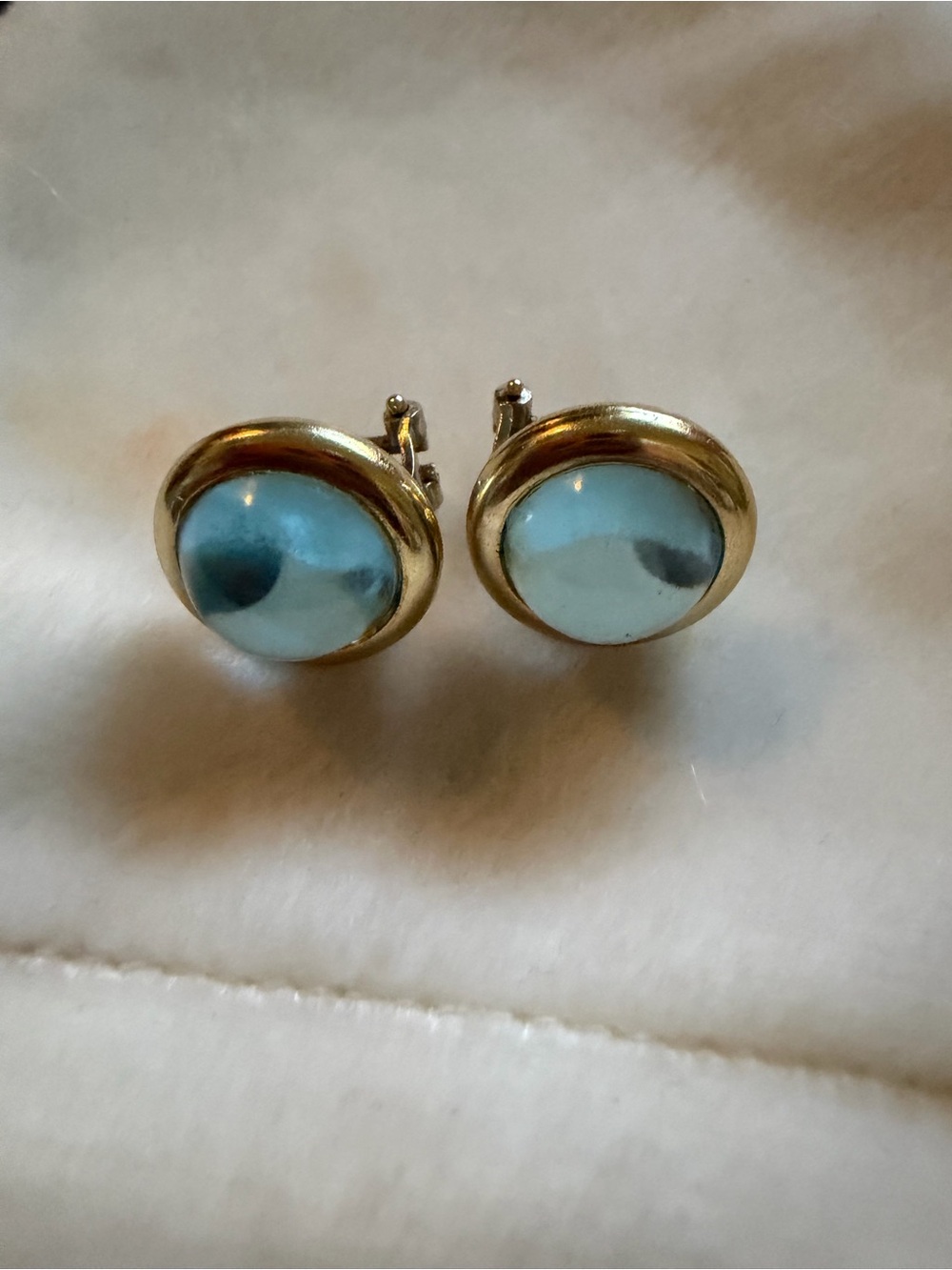 Vintage Italian 14K Gold Blue Cabochon Earrings (possibly Aquamarine)